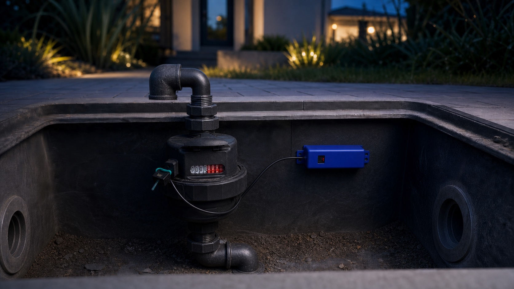 A blue Smartwater Smart-HE device and Uni-Probe fitted to a black polymer household water meter inside an estate meter box